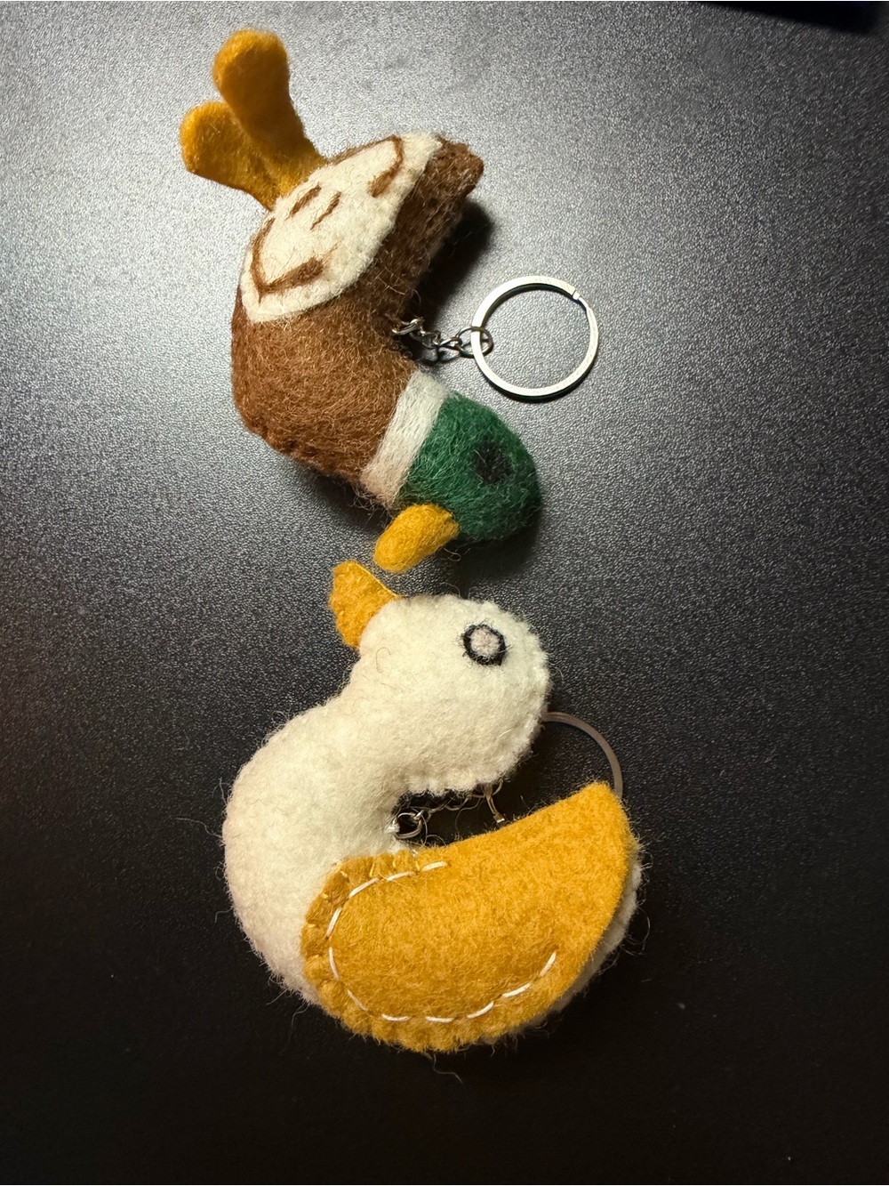 Hand-Felt Bird Keychain Duo in White, Brown & Yellow
